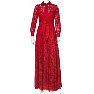 CH Carolina Herrera Red Floral Lace Buttoned Maxi Shirt Dress Size 6